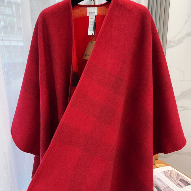 REVERSIBLE CHECK CASHMERE CAPE CHERRY RED AND BLACK 410134