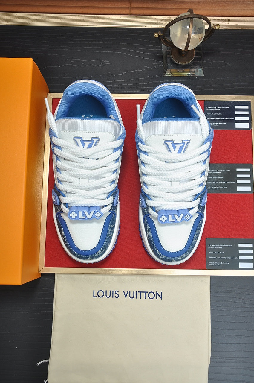 LV TRAINER SNEAKER BLUE MONOGRAM DENIM AND WHITE CALFSKIN