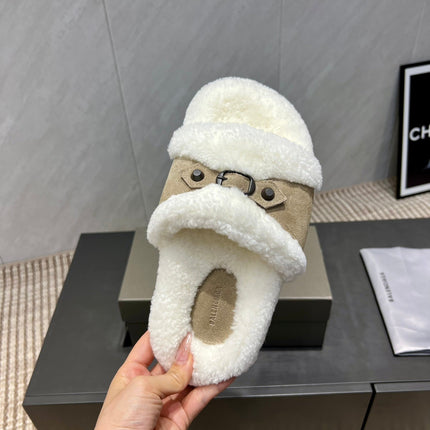BALENCIAGA 25S SLIPPERS IN DARK BEIGE SUEDE AND WHITE WOOL