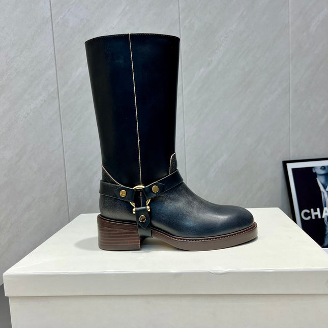 CHLOÉ 26S KNEE-HIGH BOOTS IN BLACK CALFSKIN