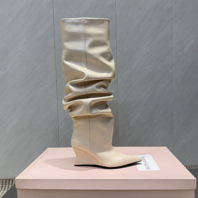BALMAIN 26S KNEE-HIGH BOOTS 75 MM IN LIGHT BEIGE CALFSKIN