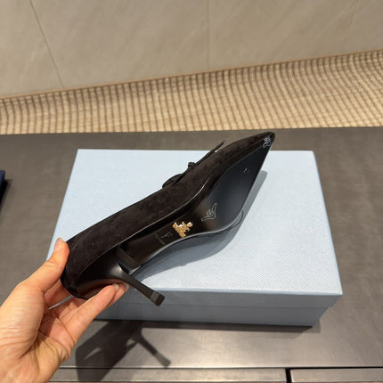 PRADA 26S POINTED TOE HEELS 75MM IN BLACK SUEDE WITH BOW