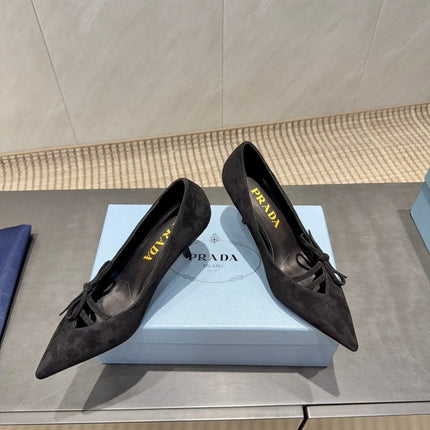 PRADA 26S POINTED TOE HEELS 75MM IN BLACK SUEDE WITH BOW
