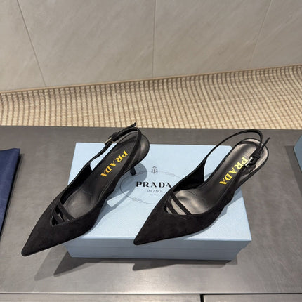 PRADA 26S POINTED TOE SLINGBACK HIGH HEELS 75MM IN BLACK SUEDE