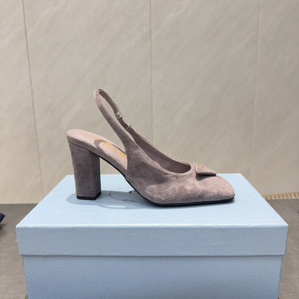 PRADA 26S LOW HEEL SQUARE TOE SLINGBACK SHOES 85MM IN TAUPE BROWN SUEDE WITH LOGO