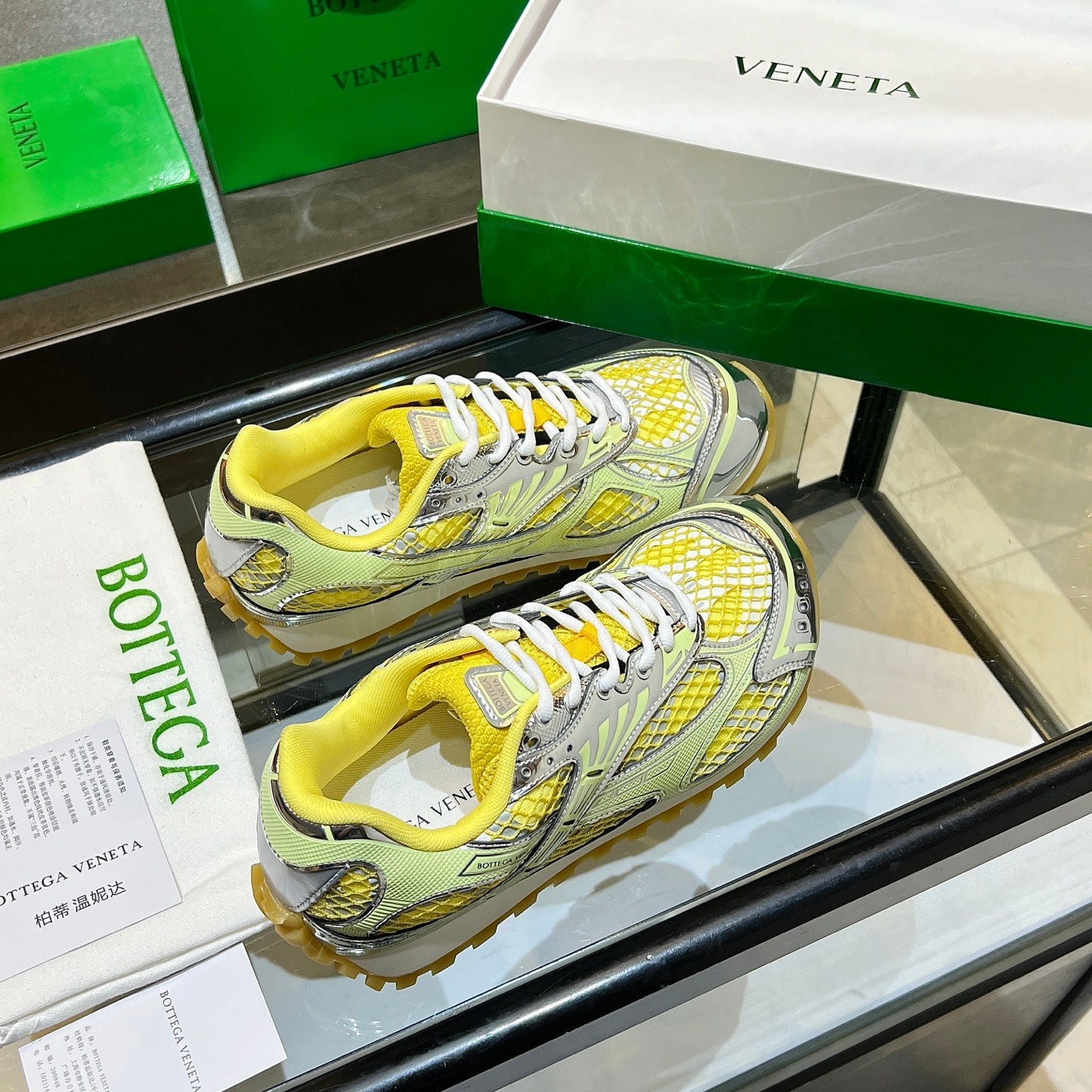 BOTTEGA VENETA 26S ORBIT SNEAKERS IN SILVER AND YELLOW TECHNICAL MESH