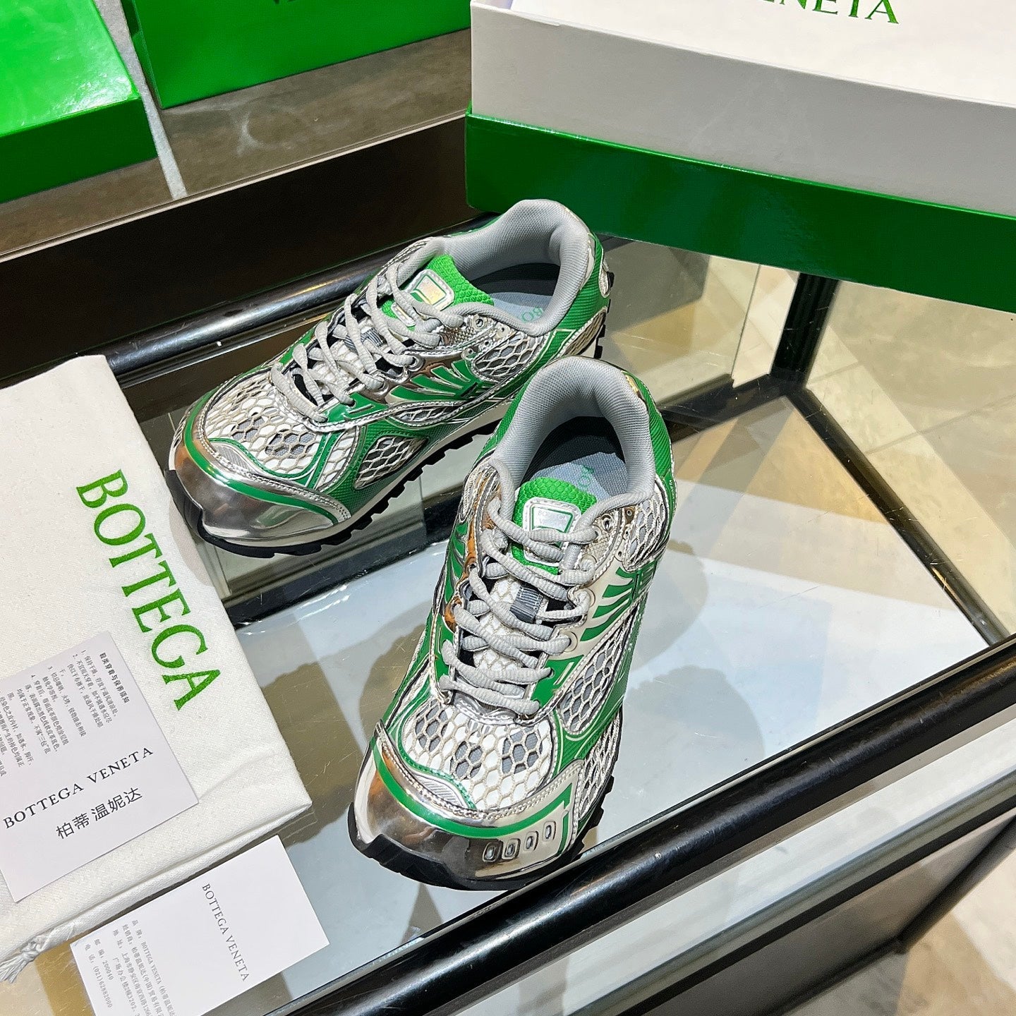 BOTTEGA VENETA 26S ORBIT SNEAKERS IN SILVER AND GREEN TECHNICAL MESH