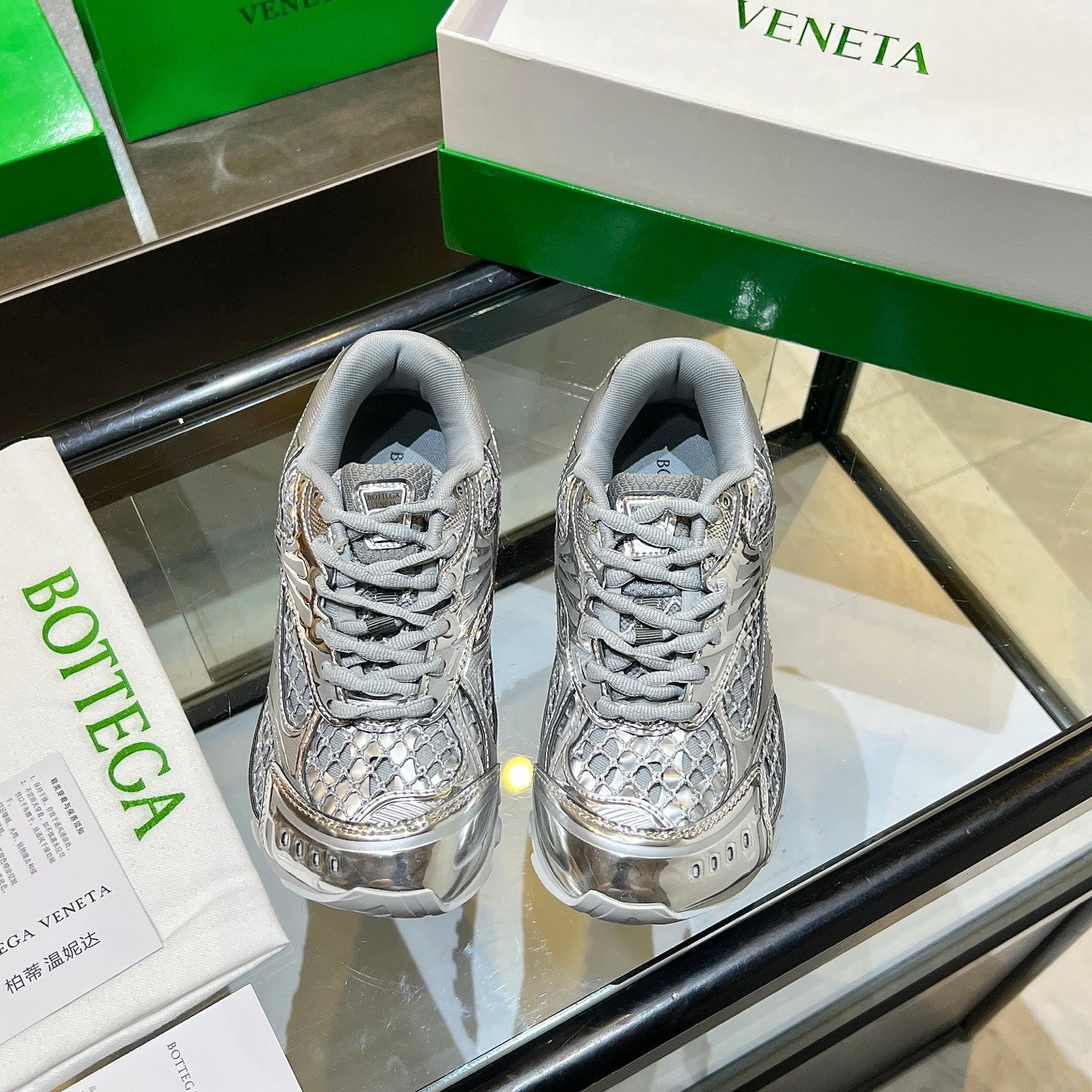 BOTTEGA VENETA 26S ORBIT SNEAKERS IN SILVER TECHNICAL MESH