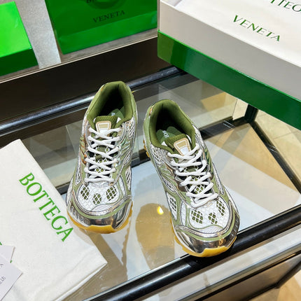 BOTTEGA VENETA 26S ORBIT SNEAKERS IN SILVER AND MOSS GREEN TECHNICAL MESH
