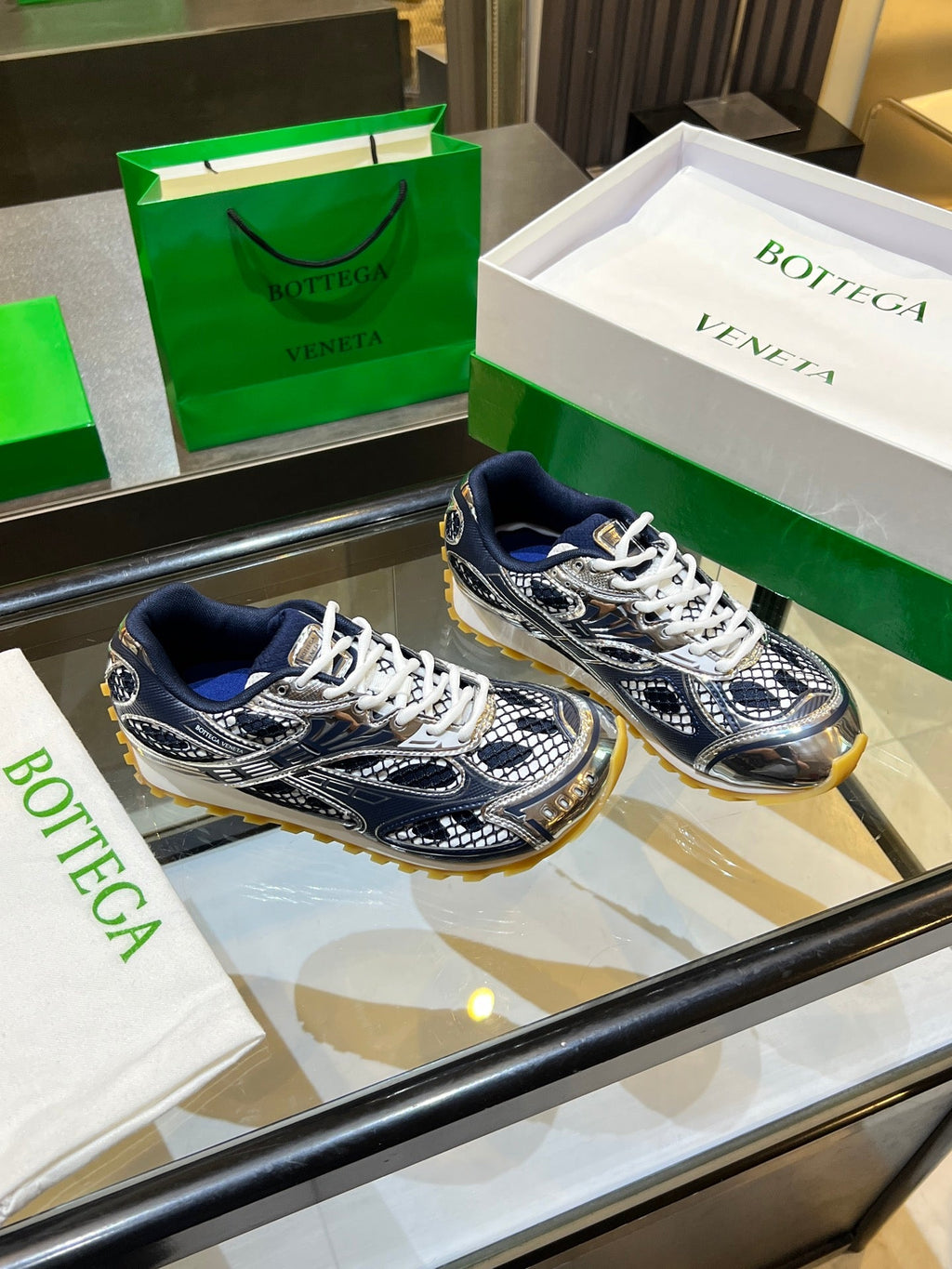 BOTTEGA VENETA 26S ORBIT SNEAKERS IN SILVER AND NAVY BLUE TECHNICAL MESH