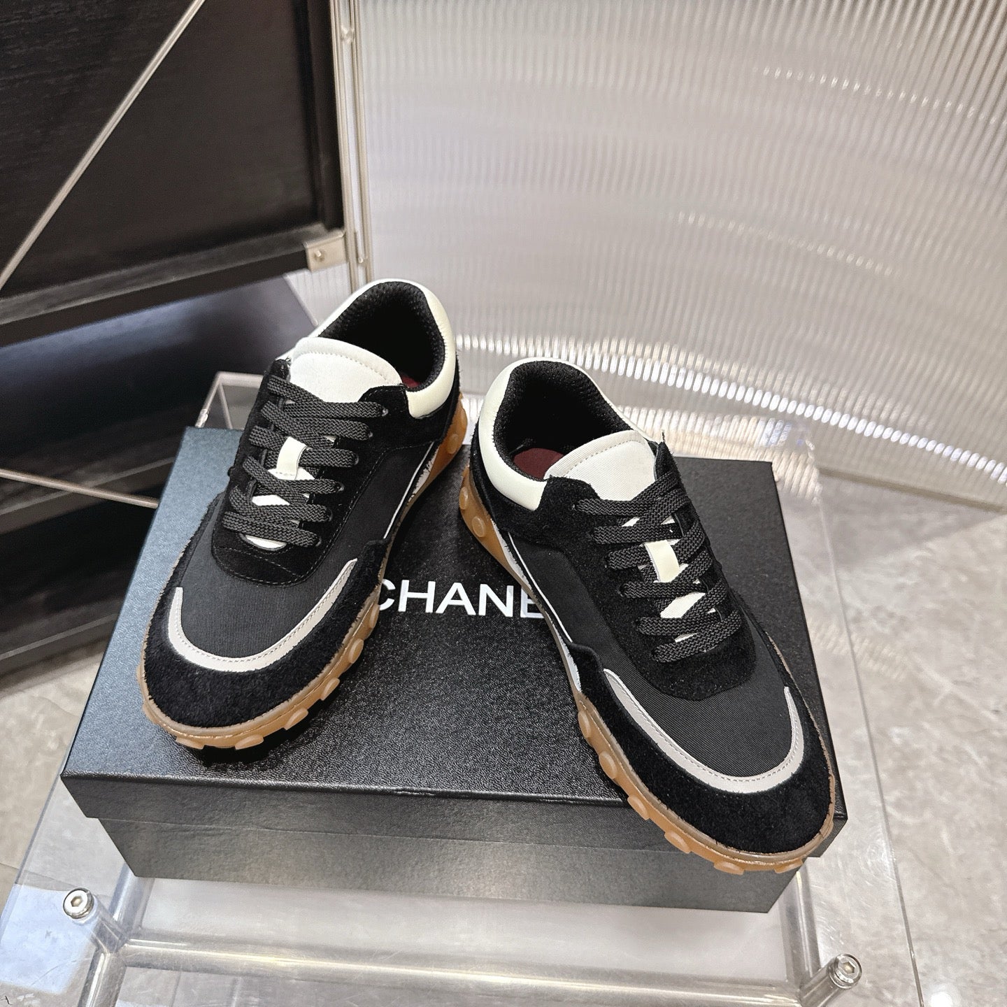 CHANEL 26S LOW TOP SNEAKERS IN BLACK SUEDE AND BLACK FABRIC WITH RUBBER SOLE