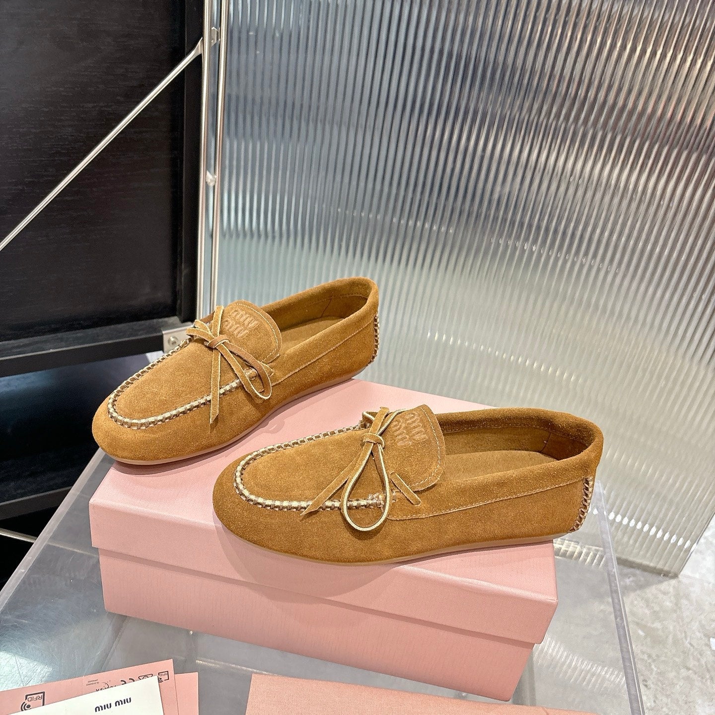 MIUMIU 26S LOAFERS IN TAN BROWN SUEDE WITH BOW