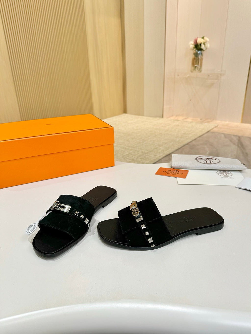 HM 26S GIULIA SANDAL IN BLACK SUEDE AND CALFSKIN SILVER HARDWARE
