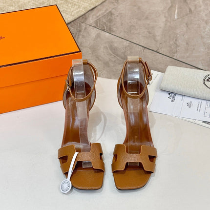 HM 26S H HIGH HEEL SANDALS 90MM IN TAN BROWN GRAINED CALFSKIN