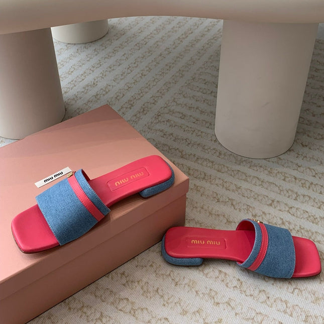 Women's Deep Pink Denim Slippers With Azure Blue Straps And Belt