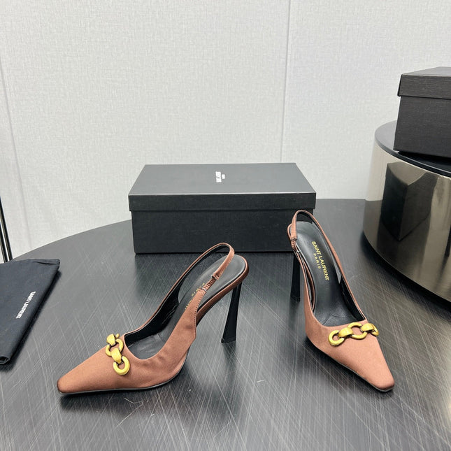 GOLD CHAIN ATTACHED HIGH SLINGBACK IN TOFFEE BROWN SILK