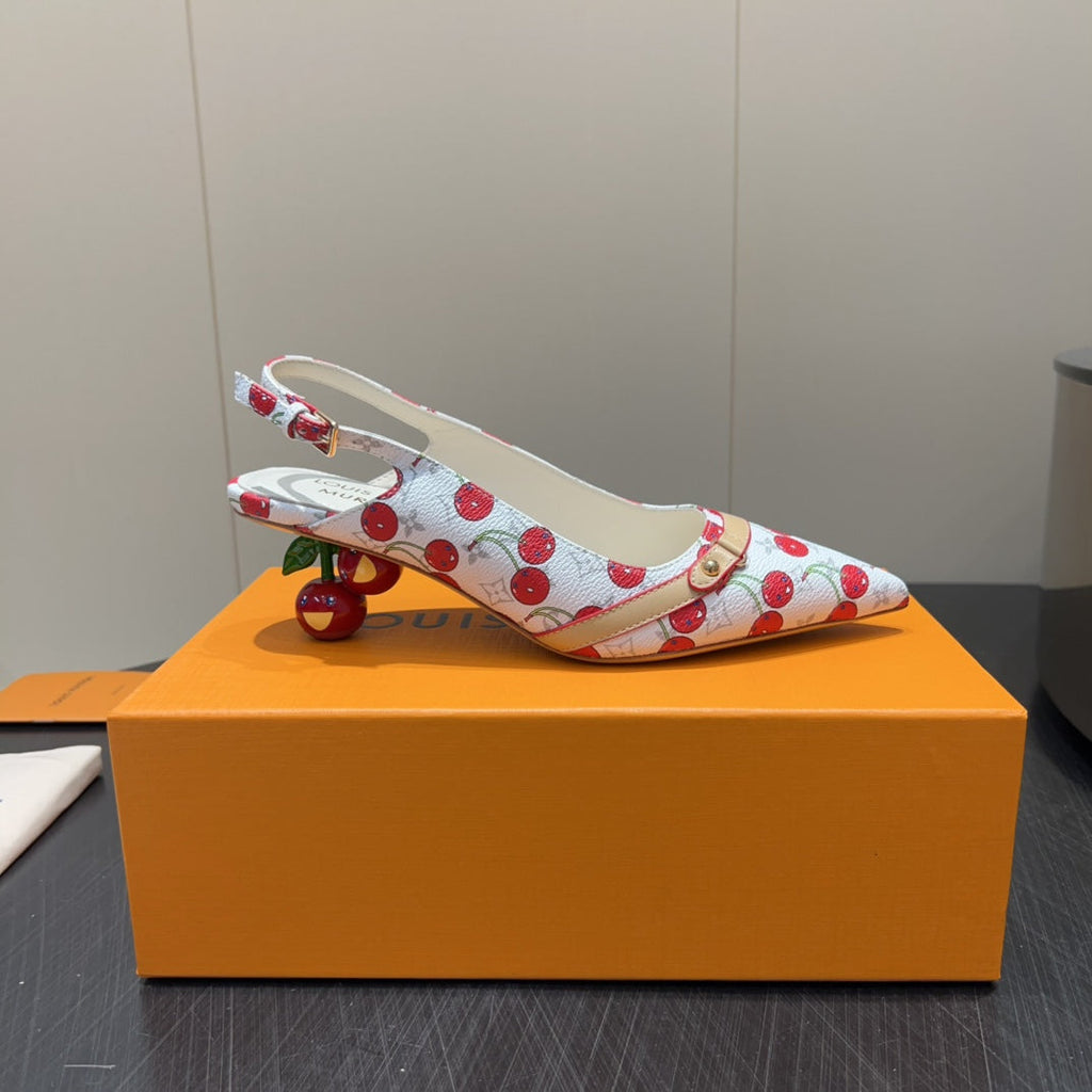 LV HIGH SLINGBACK LOGO AND CHERRY PRINT 25S 55 MM IN WHITE CALFSKIN
