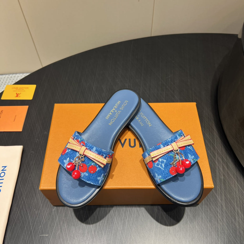 LV SLIDE SANDALS 25S IN DARK BLUE DENIM AND CALFSKIN WITH CHERRY BLOSSOM BUCKLE