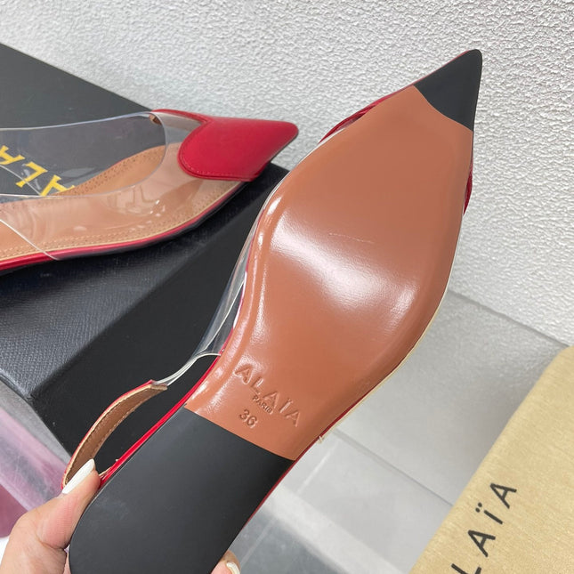 ALAIA LE COEUR FLAT SLINGBACKS IN CHERRY RED PATENT LAMBSKIN