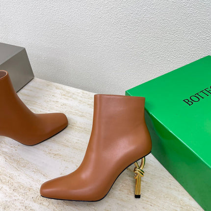 KNOT ANKLE BOOT IN BRONZE BROWN CALFSKIN WITH GOLD METAL HEEL 9 CM