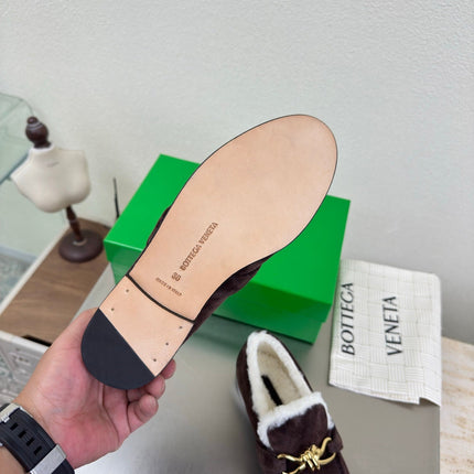 BOTTEGA VENETA 26S LOAFERS IN DARK BROWN SUEDE AND WHITE WOOL WITH GOLD HARDWARE