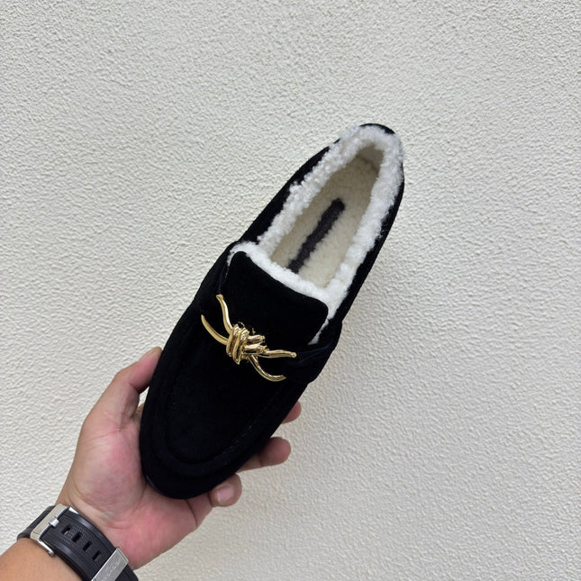 BOTTEGA VENETA 26S LOAFERS IN BLACK SUEDE AND WHITE WOOL WITH GOLD HARDWARE