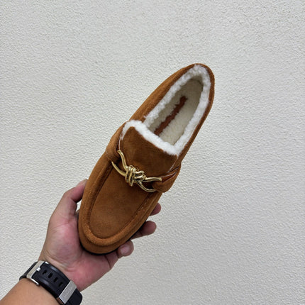BOTTEGA VENETA 26S LOAFERS IN BROWN SUEDE AND WHITE WOOL WITH GOLD HARDWARE