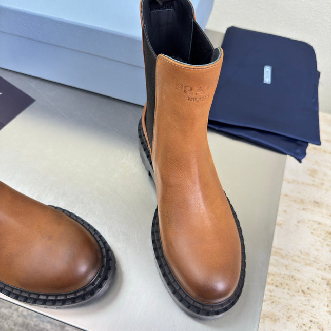 PRADA 25S PLATFORM CHELSEA BOOTS IN BROWN CALFSKIN