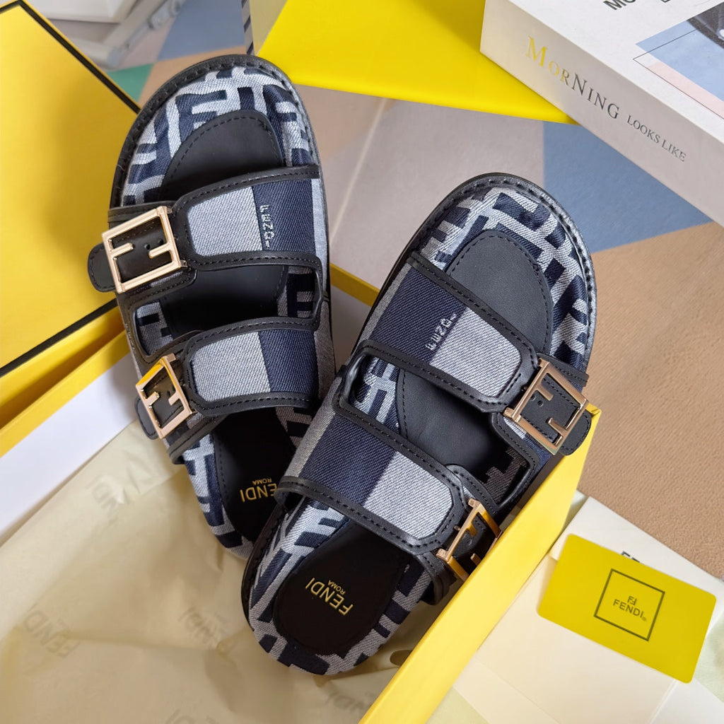 FENDI DAD SANDAL IN NAVY BLUE MIX LIGHT GREY CANVAS WITH GOLD HARDWARE