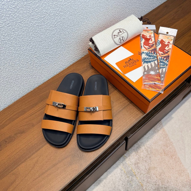 HM 26S KELLY BUCKLE DOUBLE STRAP SANDALS IN CARAMEL BROWN CALFSKIN