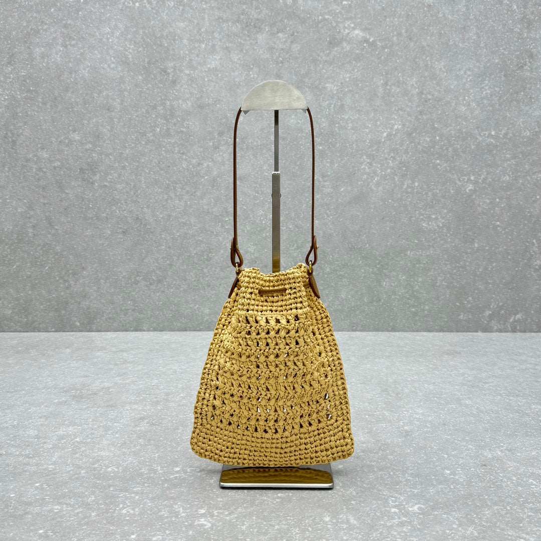 MIUMIU 26S DRAWSTRING TOTE BAG 20 IN BEIGE RAFFIA