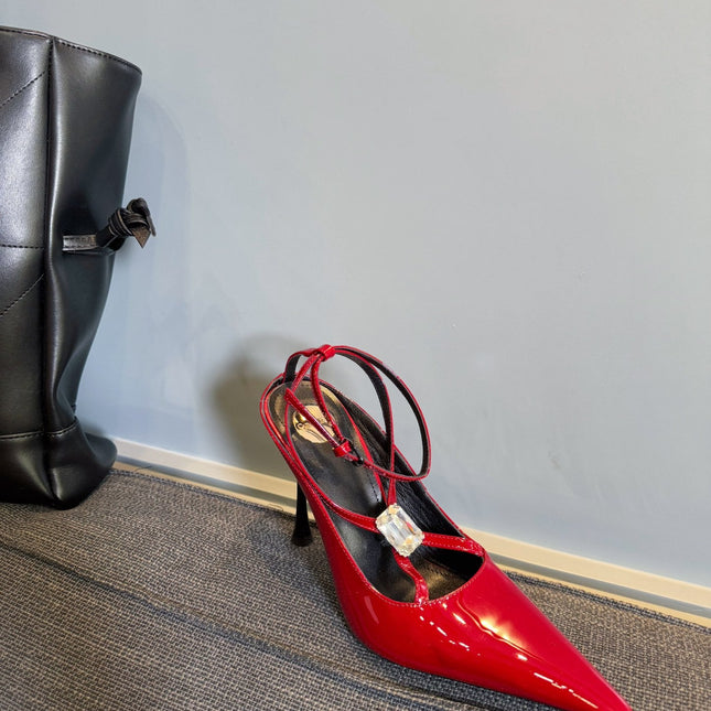 HIGH SANDAL ATTACHED GEM IN RED GLOSSY CALFSKIN