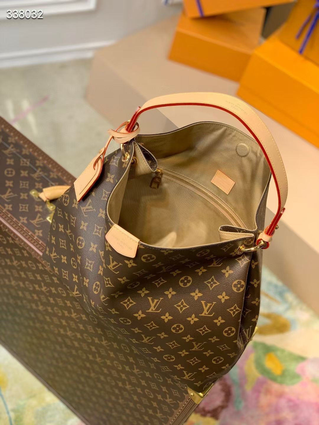 GRACEFUL MM BAG 41 IN BROWN MONOGRAM COATED CANVAS BEIGE CALFSKIN