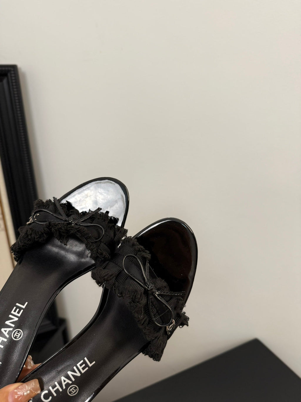BLACK GROSGRAIN CANVAS BOW MULE SANDALS 65 MM