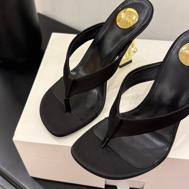 YSL 26S TOE-POST HIGH HEEL SANDALS IN BLACK SATIN
