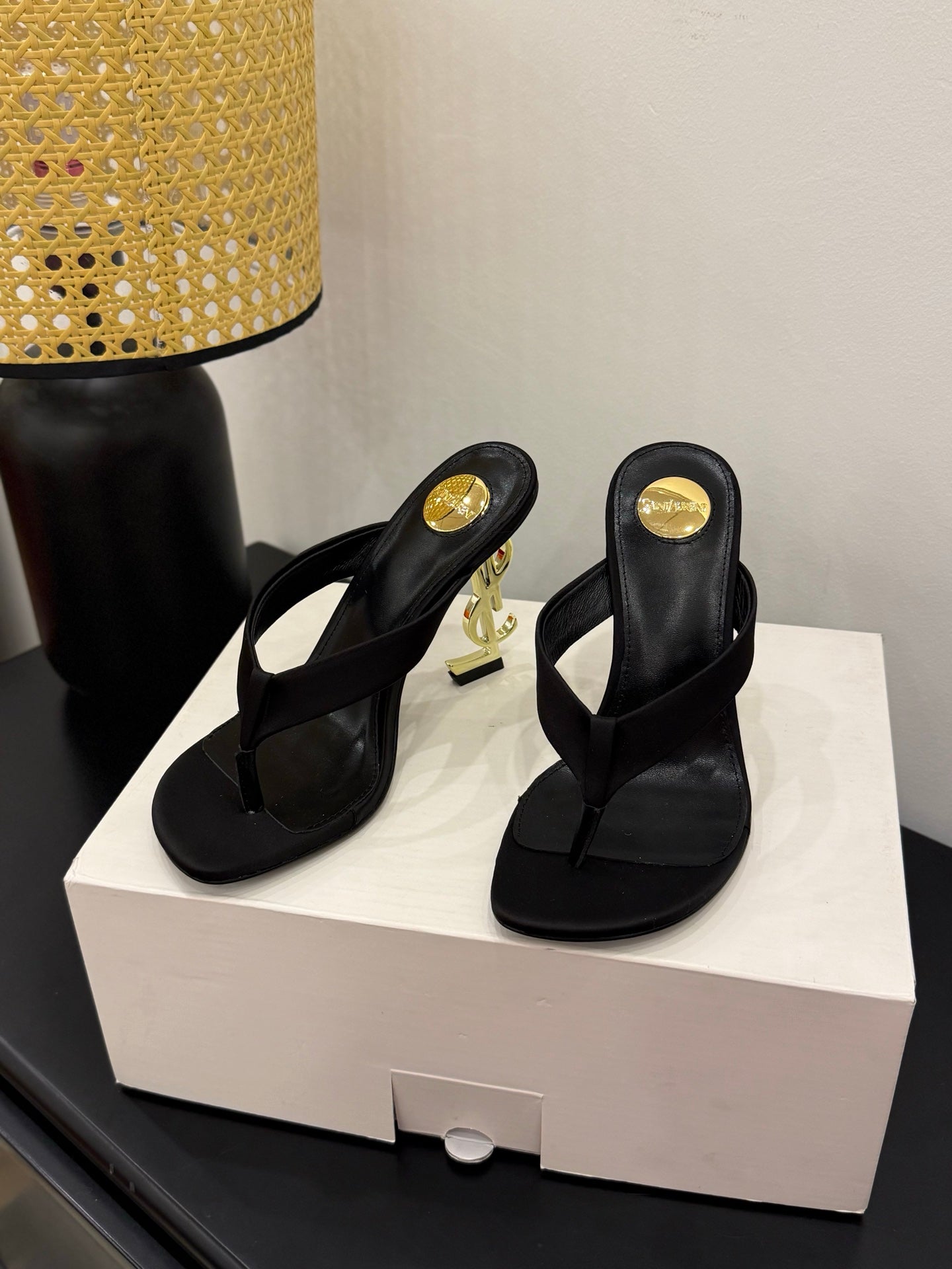 YSL 26S TOE-POST HIGH HEEL SANDALS IN BLACK SATIN