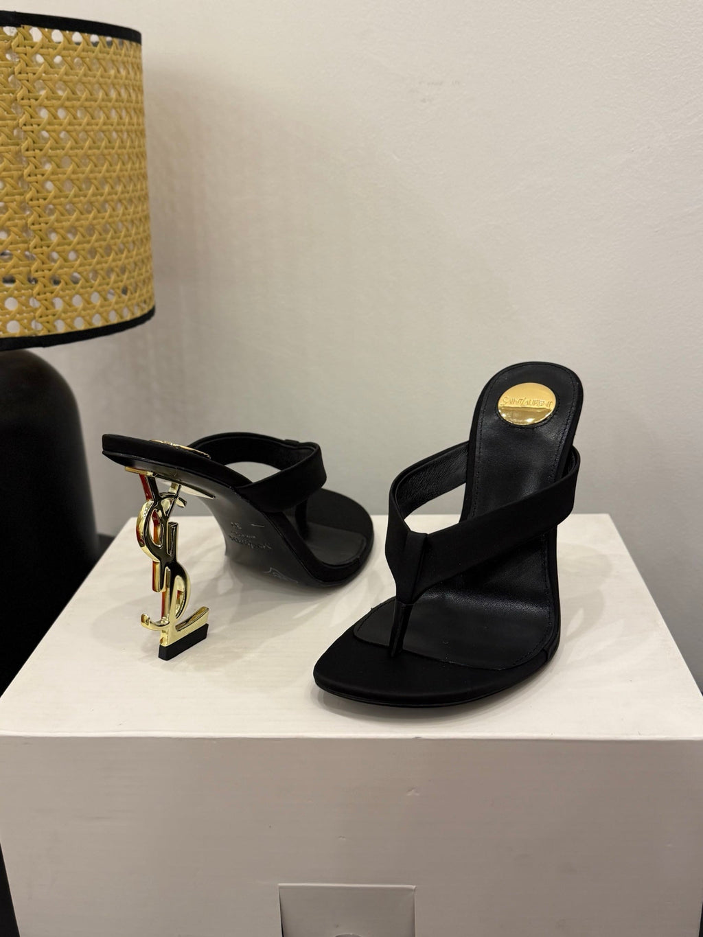 YSL 26S TOE-POST HIGH HEEL SANDALS IN BLACK SATIN