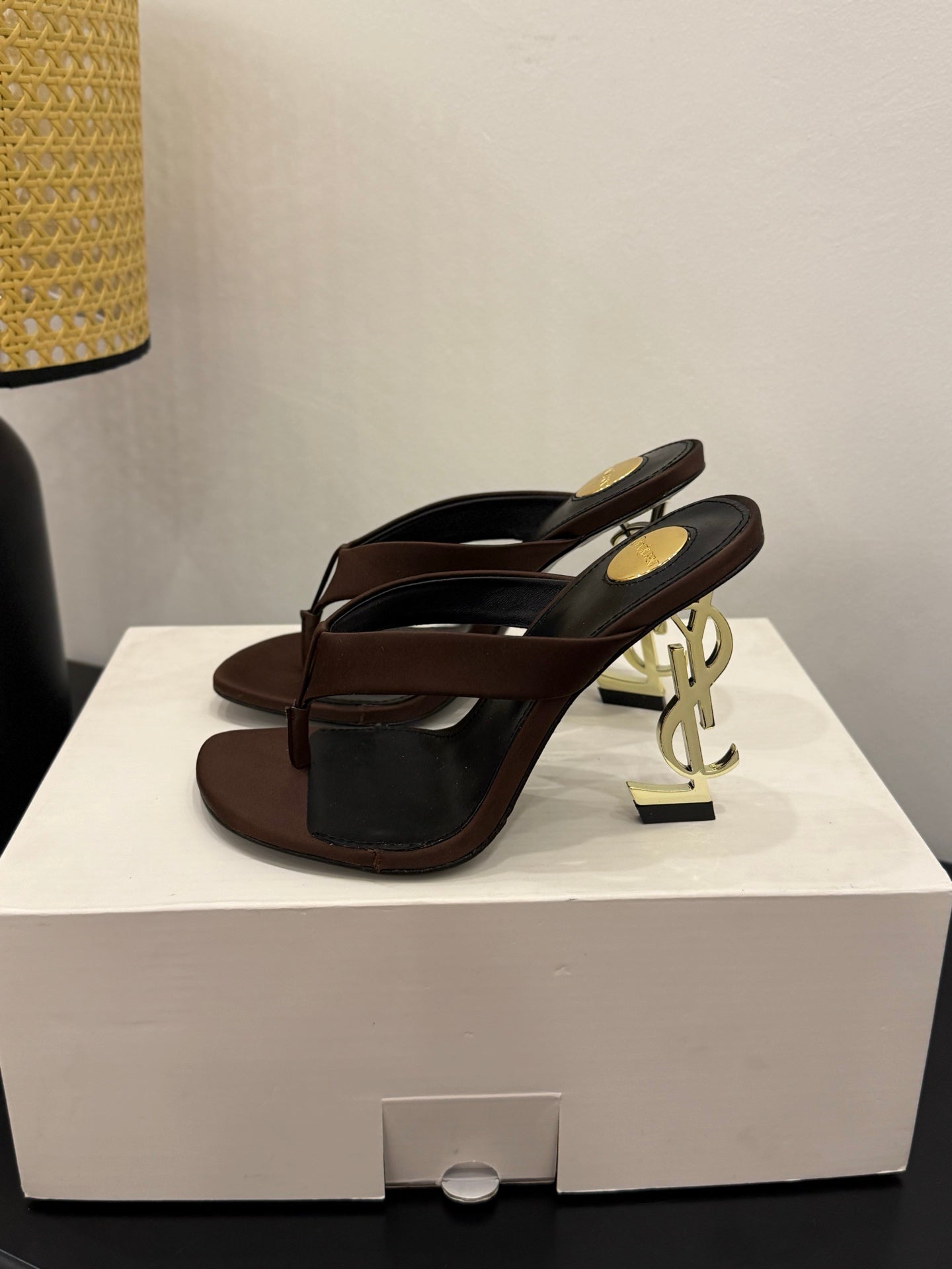 YSL 26S TOE-POST HIGH HEEL SANDALS IN DARK BROWN SATIN