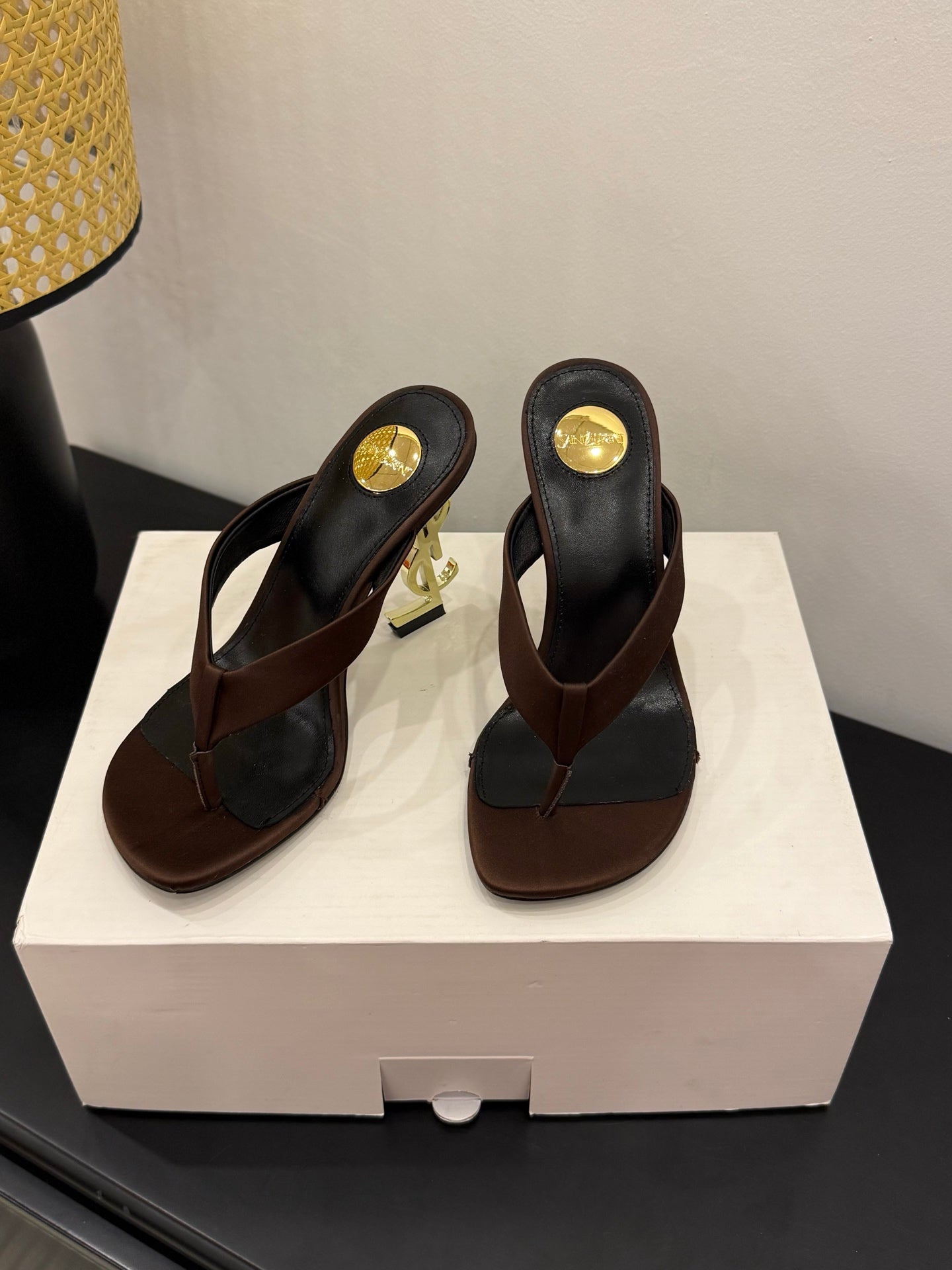 YSL 26S TOE-POST HIGH HEEL SANDALS IN DARK BROWN SATIN