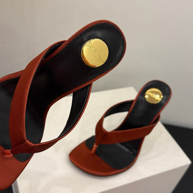 YSL 26S TOE-POST HIGH HEEL SANDALS IN ORANGE SATIN