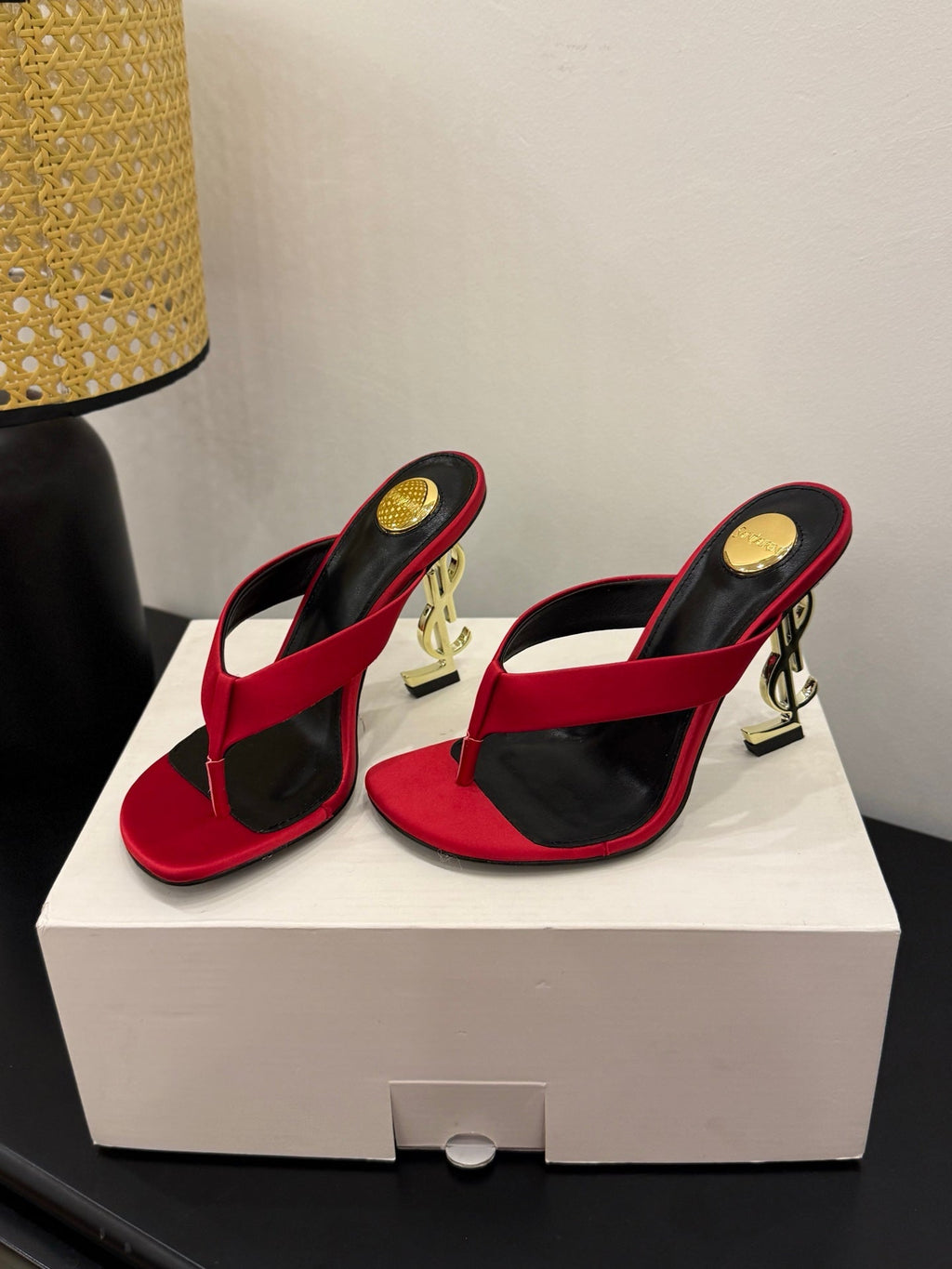 YSL 26S TOE-POST HIGH HEEL SANDALS IN RED SATIN