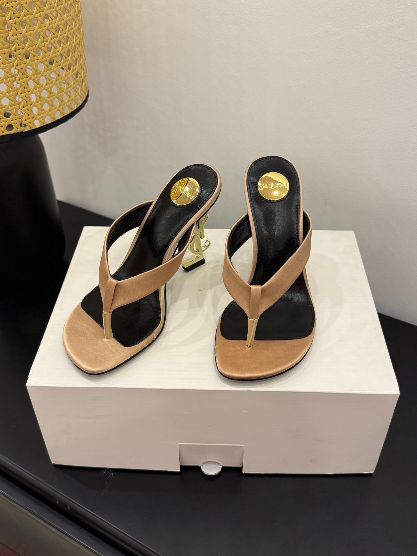 YSL 26S TOE-POST HIGH HEEL SANDALS IN SANDY BROWN SATIN