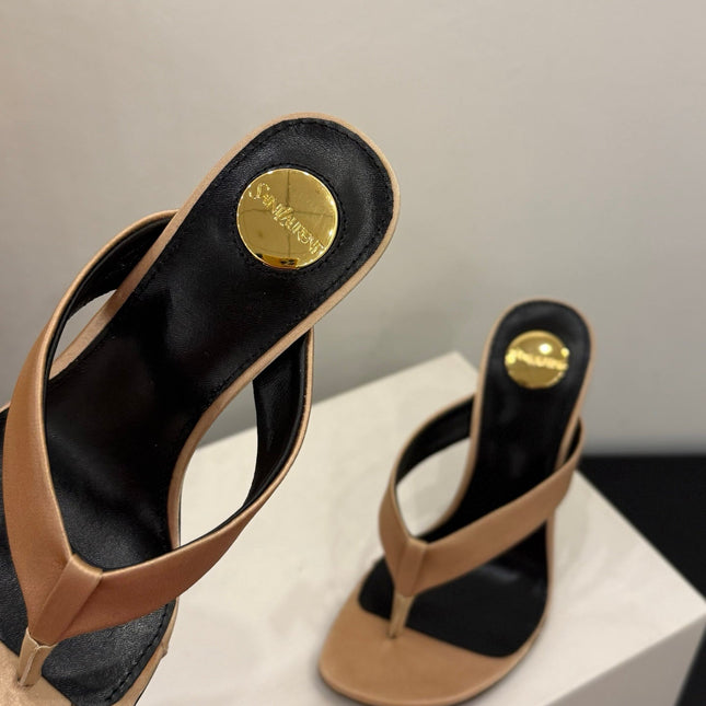 YSL 26S TOE-POST HIGH HEEL SANDALS IN SANDY BROWN SATIN
