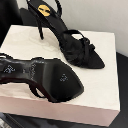 YSL 26S HIGH-HEELED SANDALS 105 MM IN BLACK SATIN