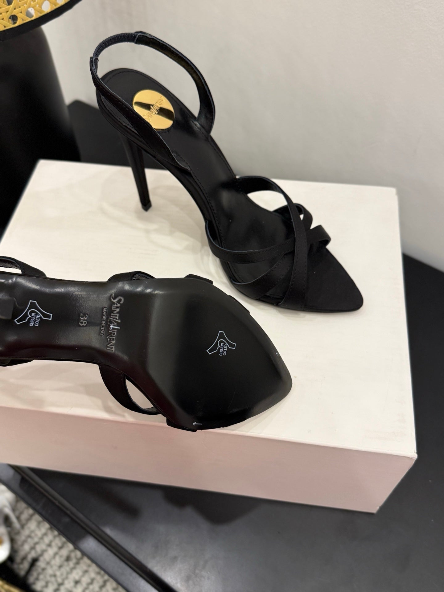YSL 26S HIGH-HEELED SANDALS 105 MM IN BLACK SATIN