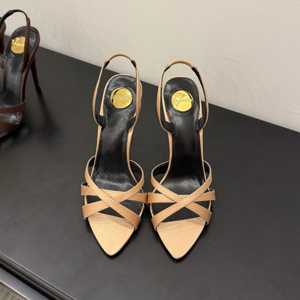 YSL 26S HIGH-HEELED SANDALS 105 MM IN SANDY BROWN SATIN