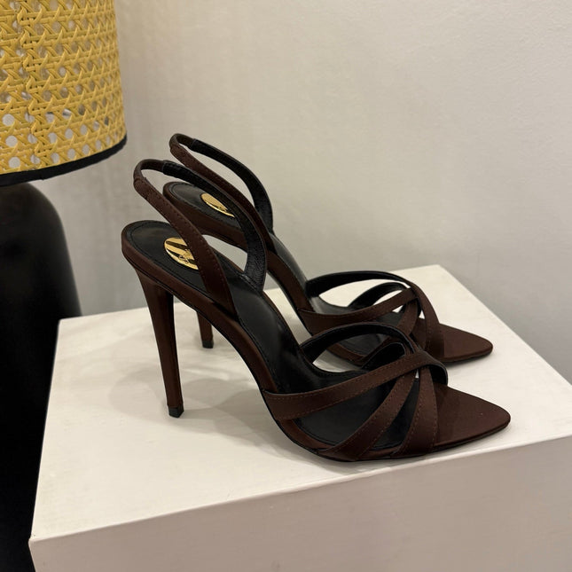 YSL 26S HIGH-HEELED SANDALS 105 MM IN DARK BROWN SATIN