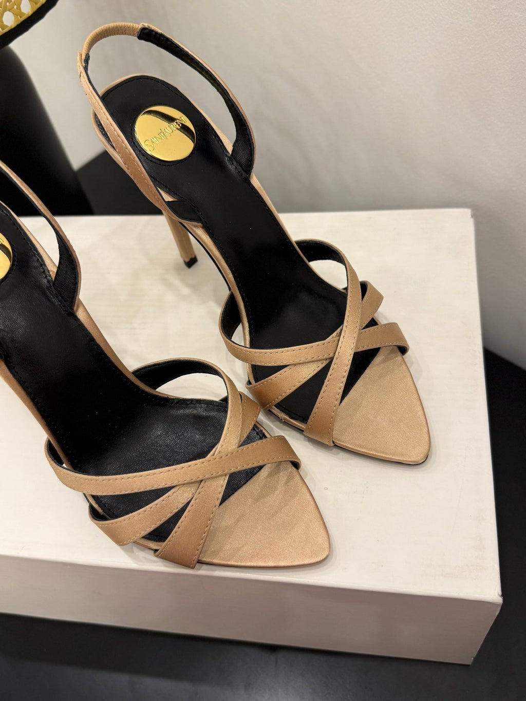 YSL 26S HIGH-HEELED SANDALS 105 MM IN SANDY BROWN SATIN