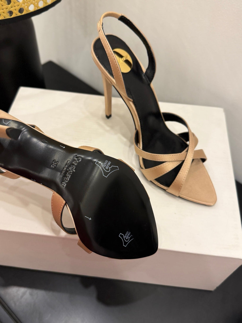 YSL 26S HIGH-HEELED SANDALS 105 MM IN SANDY BROWN SATIN