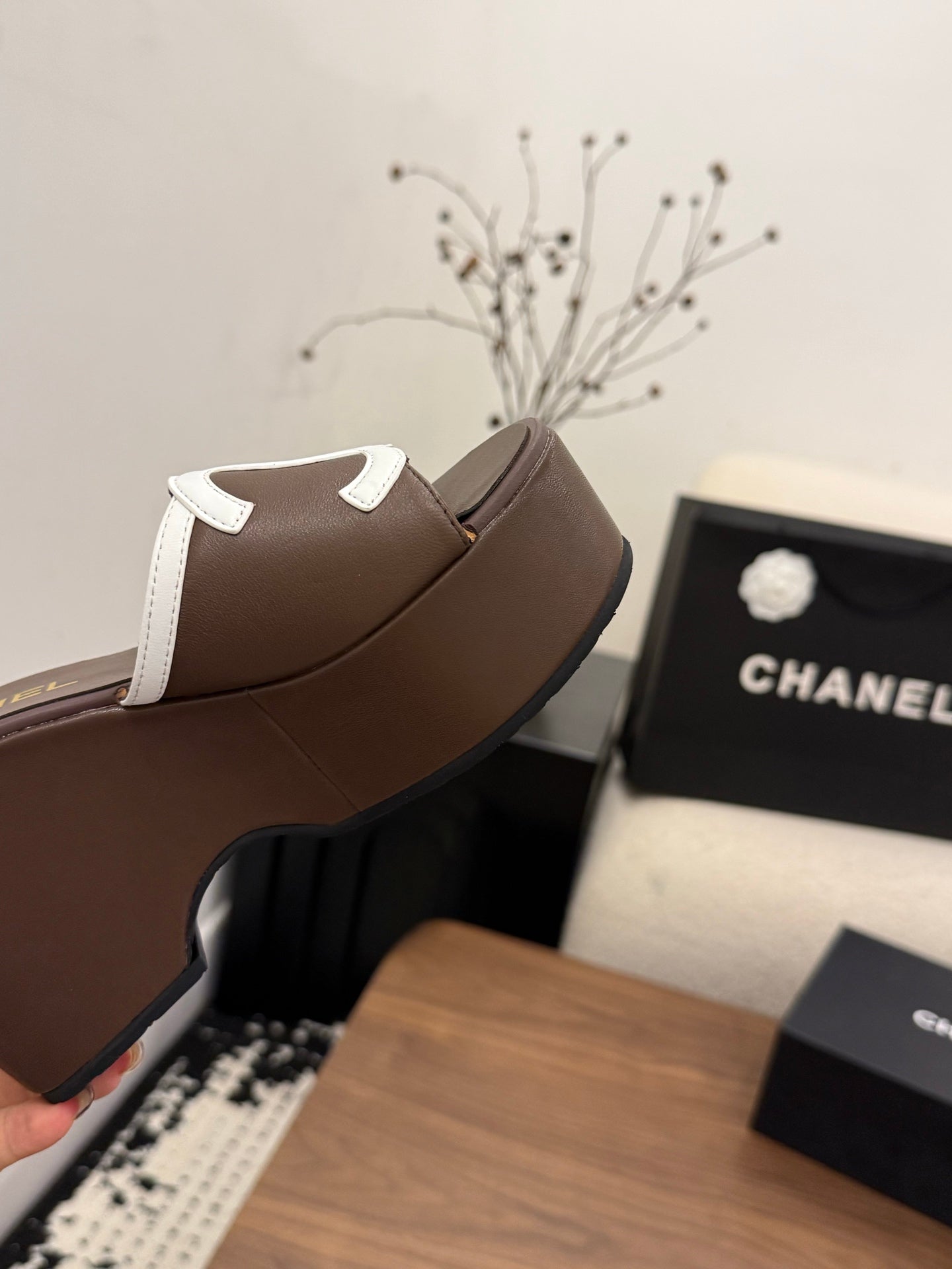 CHANEL 26S WEDGE SANDALS 95 MM IN DARK BROWN CALFSKIN